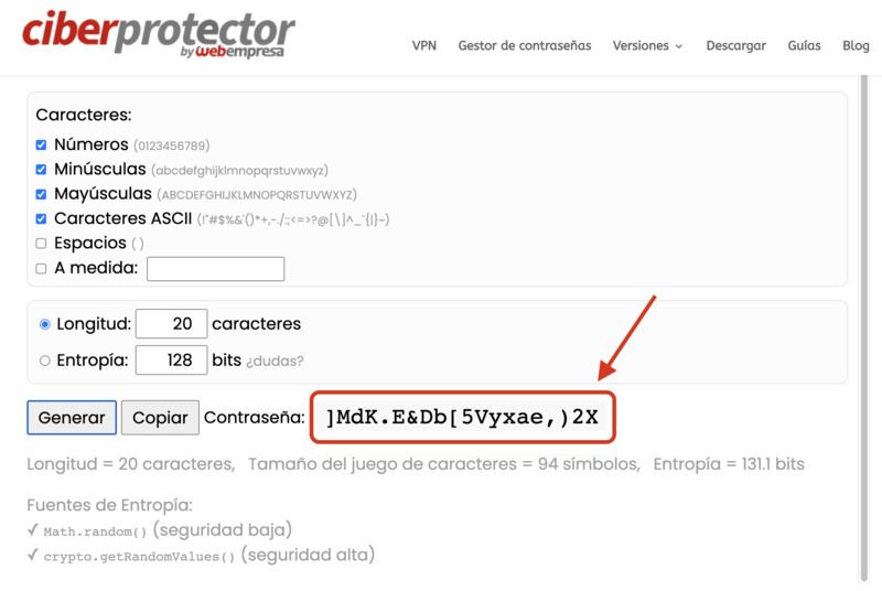 5 mejores generadores de contraseñas online: 100% seguras, aleatorias y fuertes Ejemplo de contraseña generada con Ciberprotector