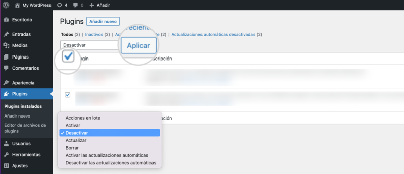 Desactivar plugins para evitar un error 500