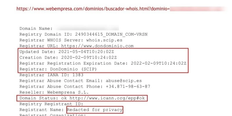 Resultados WHOIS Webempresa